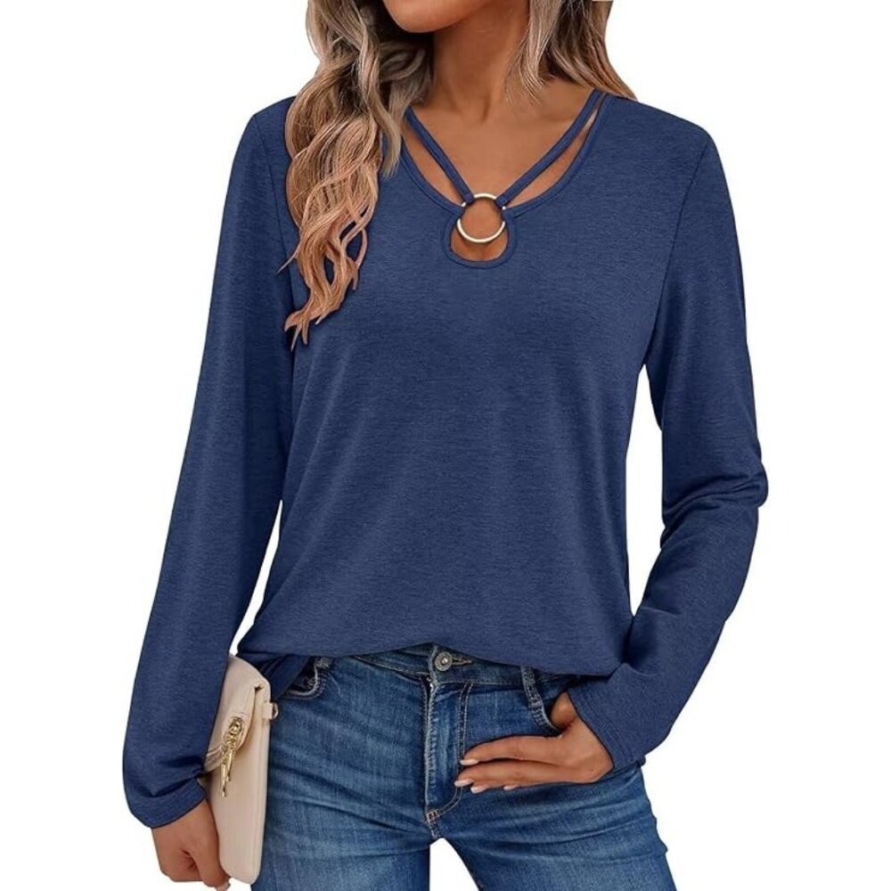 Women's Long Sleeve‎ Top Keyhole Crewneck Ring Cut Out Blue M New